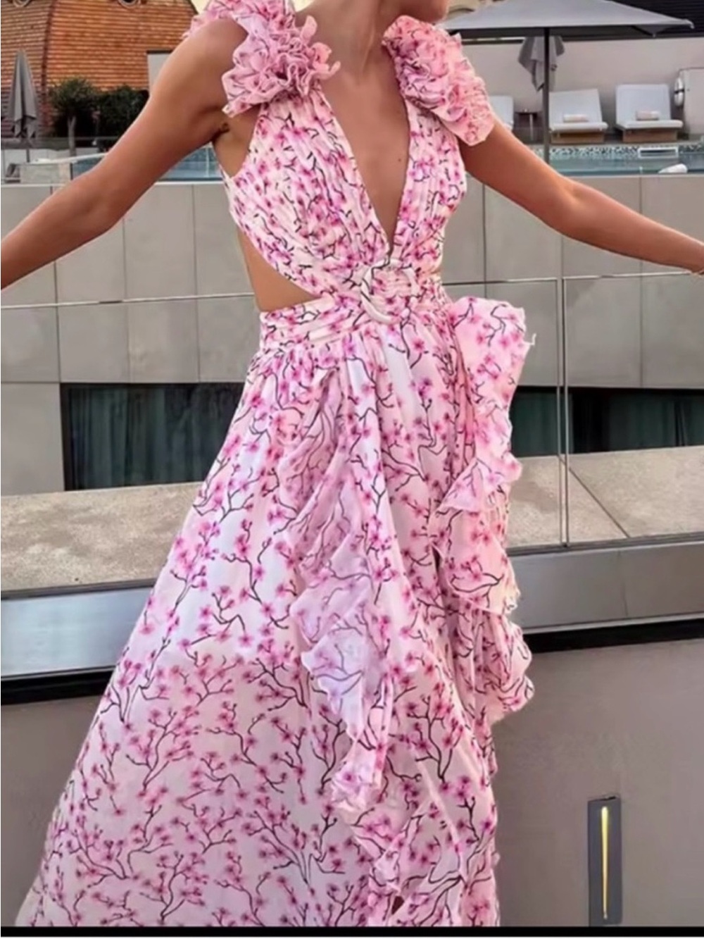 Pink Floral Ruffle Maxi Dress - Elegant Women's Summer Dress